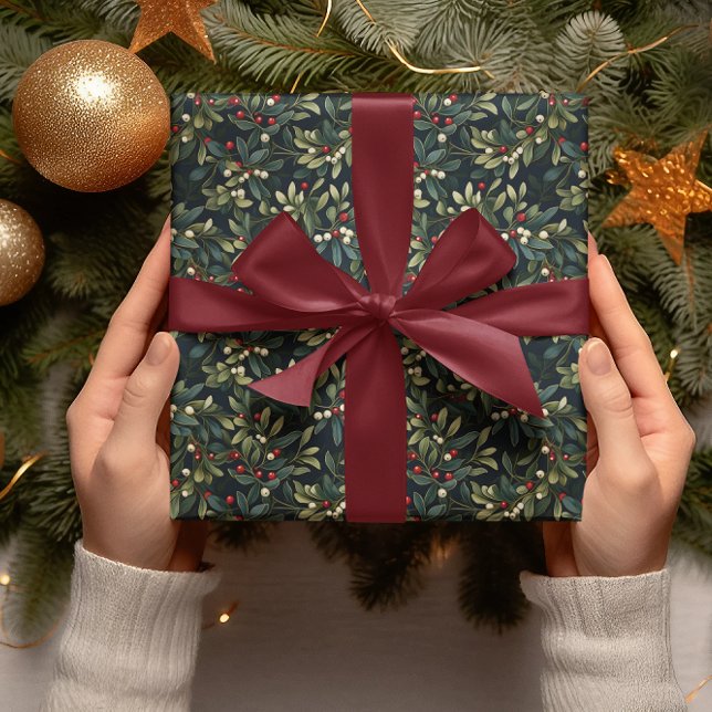 Dark Moody American Mistletoe Winter Holiday Wrapping Paper (Elegant Dark and Moody American Mistletoe Christmas and Winter Floral Holiday Wrapping Paper)
