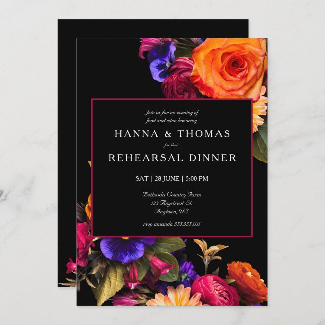 Dark Moody Autumn Floral Wedding Rehearsal Dinner Invitation (Front/Back)