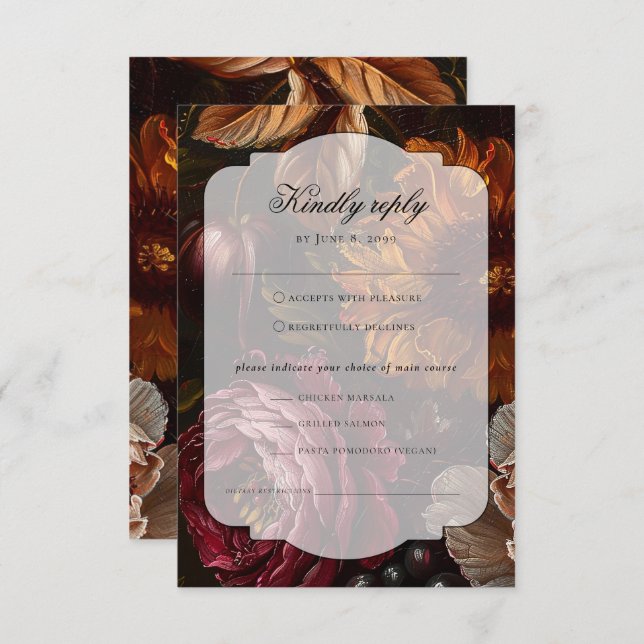 Dark Moody Baroque Florals Flowers Fall Wedding RSVP Card (Front/Back)