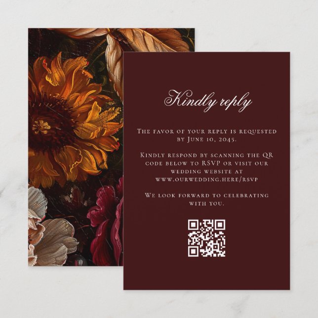 Dark Moody Baroque Flowers Fall Wedding Online QR RSVP Card (Front/Back)