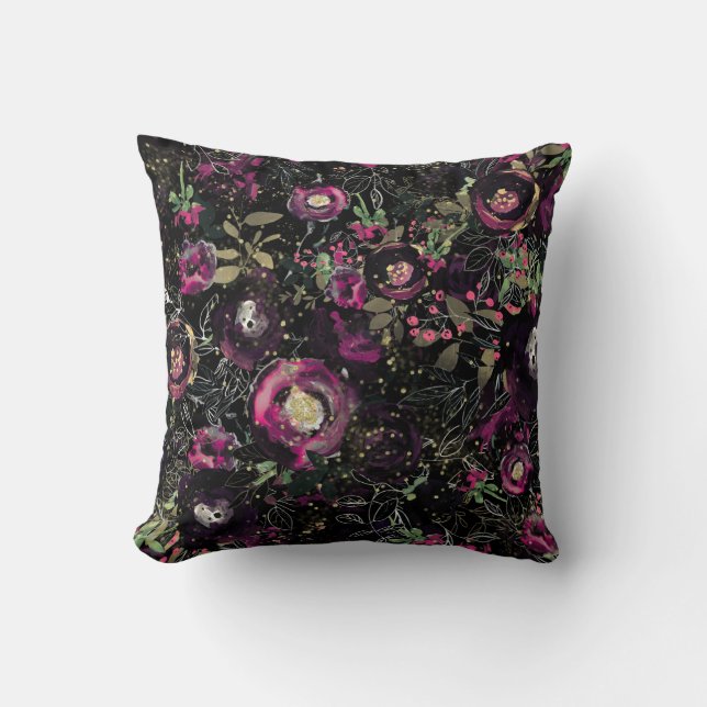 Dark Moody Berry Plum Sparkle Floral Modern Cushion (Front)