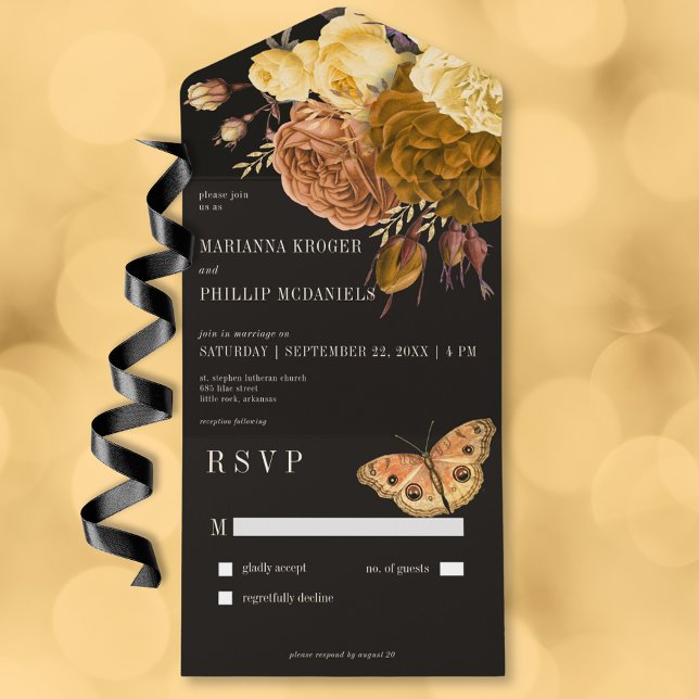 Dark Moody Black Autumn Floral No Dinner All In One Invitation (Dark Moody Black Autumn Floral No Dinner All In One Invitation)