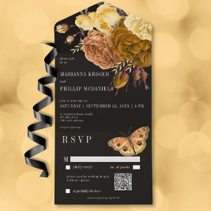 Dark Moody Black Autumn Floral QR Code All In One Invitation