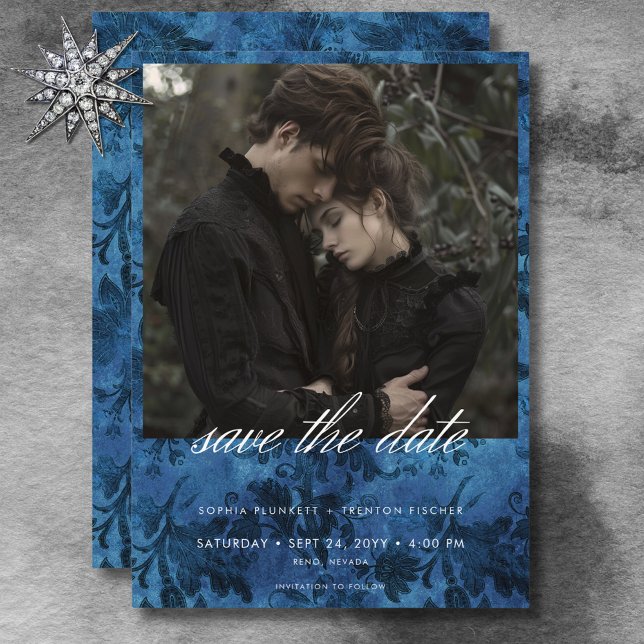 Dark Moody Black & Blue Damask Photo Wedding Save The Date (Dark Moody Black & Blue Damask Photo Wedding Save The Date)