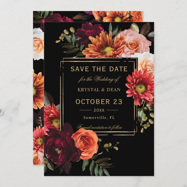 Dark Moody Black Burgundy Orange Floral Wedding Save The Date (Front/Back)