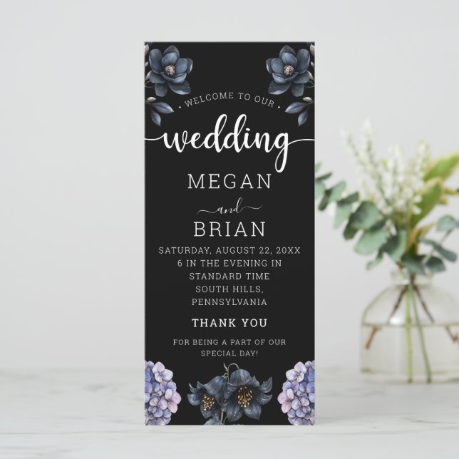 Dark Moody Black Floral Classic Typography Wedding Program (Standing Front)