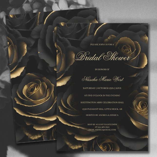 Dark Moody Black & Gold Roses Gothic Bridal Shower Invitation (Creator Uploaded)