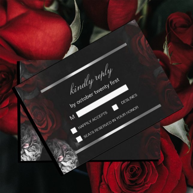 Dark Moody Black Red Florals  Enclosure Card (#zazzlemade #redflowers #floralRSVPcard #weddingcard #darkstyle #chic #elegantflowers)