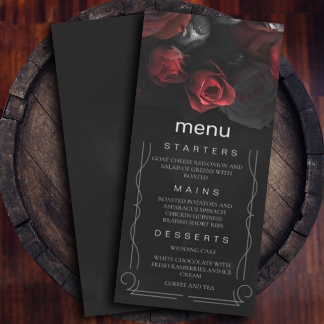 Dark Moody Black Red Florals Menu Invitation ( burgundy red roses with dark style for added unique decor. #menu #redandblackwedding #dark)
