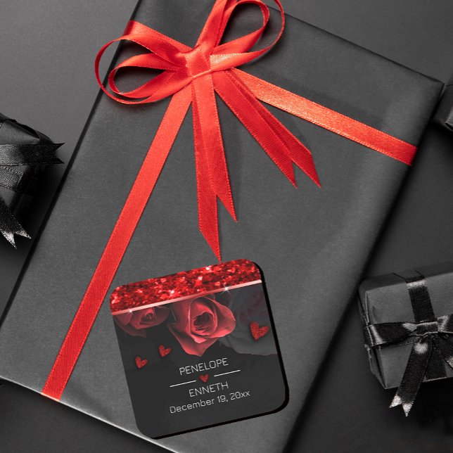 Dark Moody Black Red Florals Square Sticker (#zazlemade #BurgundyRed #darkmoody #weddingfavor #blackandred #gitterred #sparkles #heart #chic)