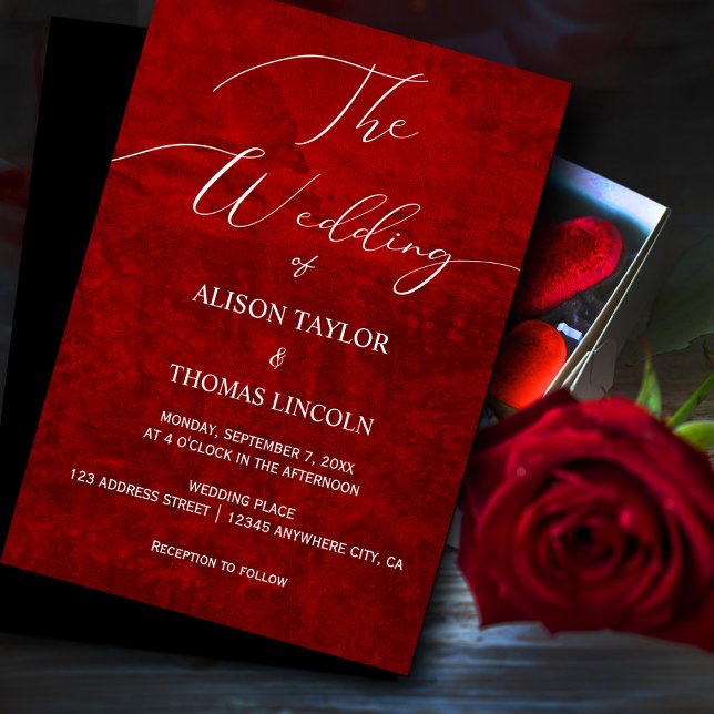 Dark Moody Black Red with scratches  Invitation ("Dramatic and chic – our scratched black and red invitation with elegant white calligraphy #royalred)