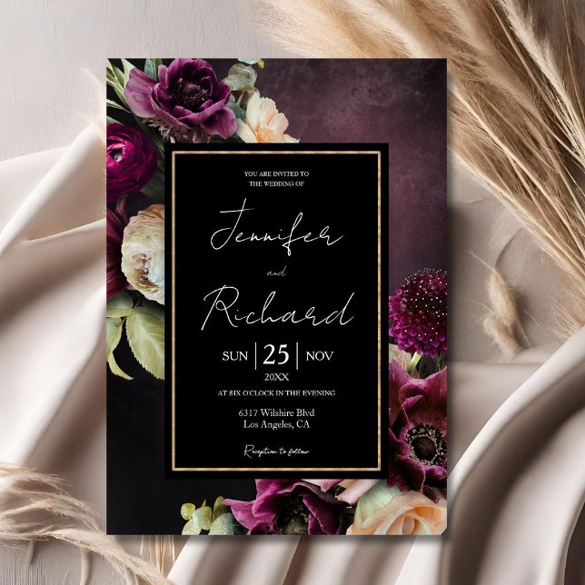 Dark Moody Bloom Dusty Purple Black Wedding  Invitation (Creator Uploaded)