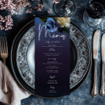 Dark Moody Blue Lavender Floral Modern Wedding Menu<br><div class="desc">Introducing our exquisite wedding menu that effortlessly marries modern elegance with vintage allure. Set against a moody navy blue background, a soft side loose bouquet comes to life, featuring dark purple, lavender, periwinkle blue, and cream white flowers alongside dark purple berries and delicate botanical greenery. The blend of colours symbolises...</div>