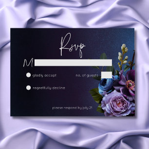 Dark Moody Blue Lavender Floral Modern Wedding RSVP Card