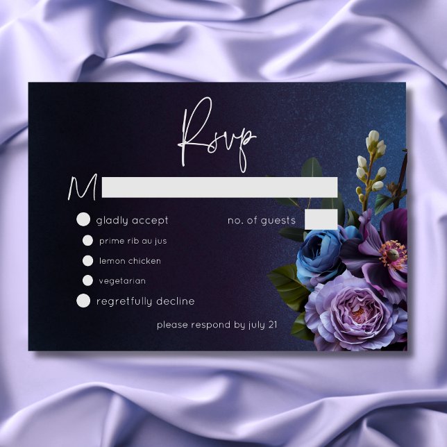 Dark Moody Blue Lavender Floral Modern Wedding RSVP Card (Dark Moody Blue Lavender Floral Modern Wedding RSVP Card)