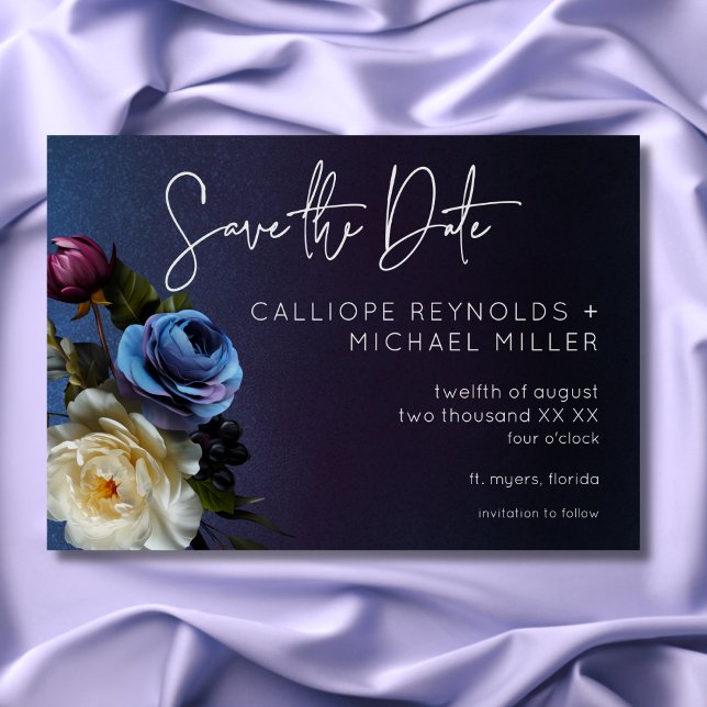 Dark Moody Blue Lavender Floral Modern Wedding Save The Date (Dark Moody Blue Lavender Floral Modern Wedding Save The Date)