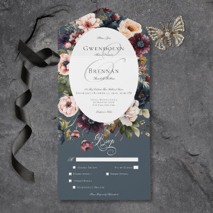 Dark Moody Blue Oval Floral Frame Dinner All In One Invitation