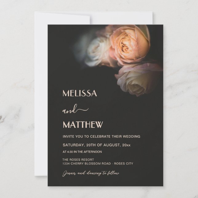 Dark Moody Blush Apricot Roses Wedding Invitation (Front)