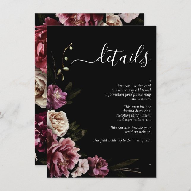 Dark Moody Blush Burgundy Floral Wedding Details Enclosure Card (Front/Back)