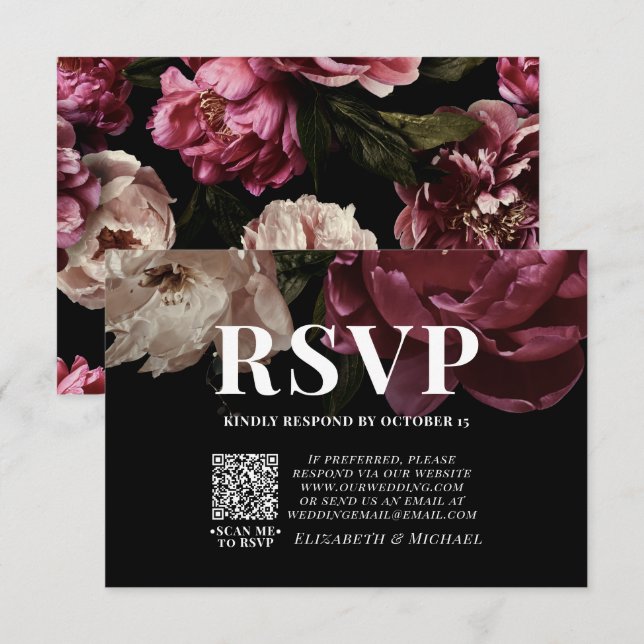 Dark Moody Blush Burgundy QR Code Wedding RSVP  Card (Front/Back)