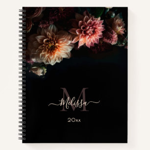 Dark Moody Blush Flowers Monogram Black Notebook
