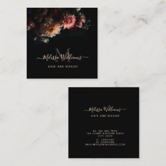 Dark Moody Blush Flowers Monogram Black Square Business Card