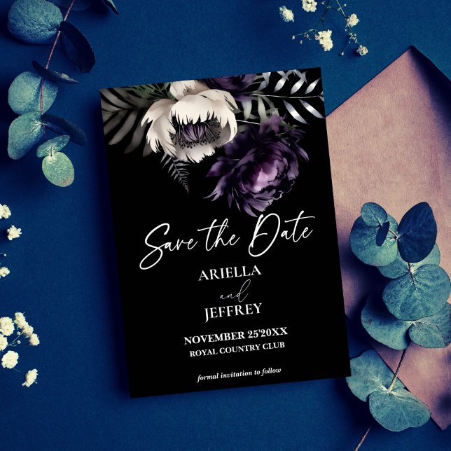 Dark moody boho elegant wedding save the date (Dark moody boho elegant purple peonies wedding save the date card editable template digital download)