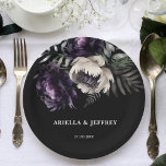 Dark moody boho elegant wedding template paper plate<br><div class="desc">Dark moody boho elegant gothic personalised wedding tableware template plates,  black purple peonies on dark background  wedding paper plates  with bride and groom names.</div>