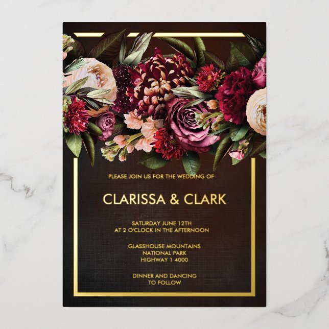 Dark Moody Bold Floral Marsala Wedding  Foil Invit (Front)