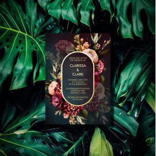 Dark Moody Bold Floral Marsala Wedding Foil Invit