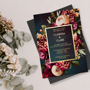 Dark Moody Bold Floral Marsala Wedding Foil Invit