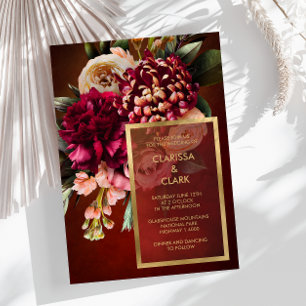 Dark Moody Bold Floral Marsala Wedding Invitation