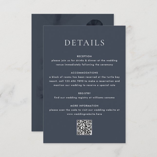 Dark Moody Botanical Overlay Blue Wedding Enclosure Card (Front/Back)
