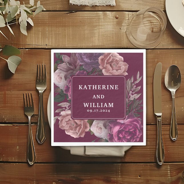 Dark moody burgundy and purple floral Wedding Napkin (Creator Uploaded)
