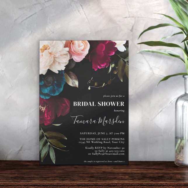 Dark Moody Burgundy Blue Blush Pink Black Floral Invitation (Creator Uploaded)