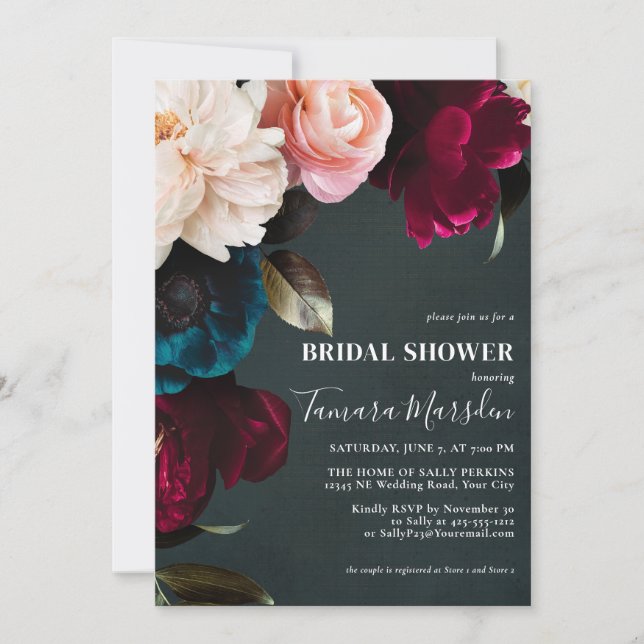 Dark Moody Burgundy Blue Blush Pink Floral  Invitation (Front)