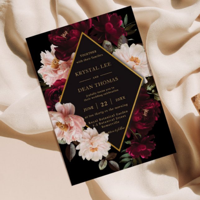 Dark Moody Burgundy Blush Black Floral Wedding Invitation (Creator Uploaded)