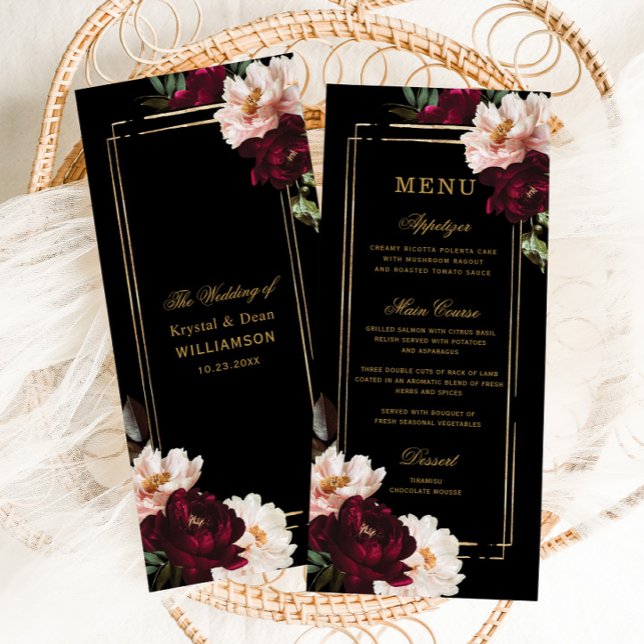 Dark Moody Burgundy Blush Black Floral Wedding Menu (dark moody decadent realistic blush burgundy floral flowers gold geometric slim wedding menu cards)