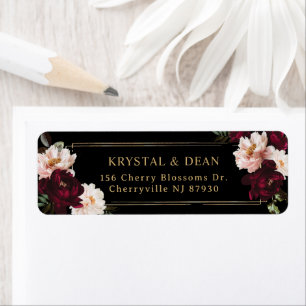 Dark Moody Burgundy Blush Black Floral Wedding Return Address Label