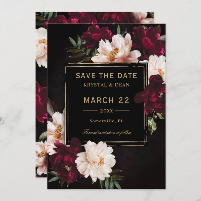 Dark Moody Burgundy Blush Black Floral Wedding Save The Date (Front/Back)