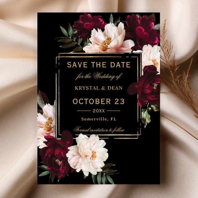 Dark Moody Burgundy Blush Black Floral Wedding Save The Date (dark moody blush burgundy peonies floral flowers black gold wedding save the date printed cards file)