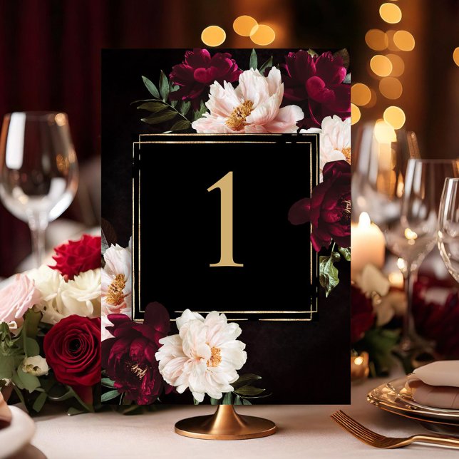Dark Moody Burgundy Blush Black Floral Wedding Table Number (Creator Uploaded)
