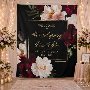 Dark Moody Burgundy Blush Black Floral Wedding Tapestry