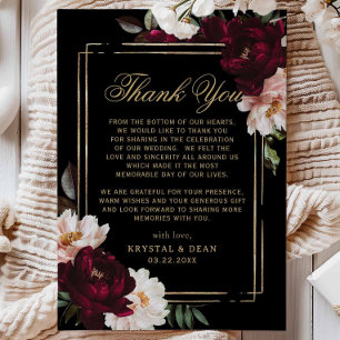 Dark Moody Burgundy Blush Black Floral Wedding Thank You Card