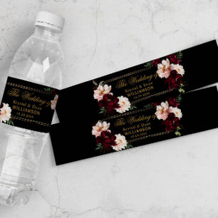 Dark Moody Burgundy Blush Black Floral Wedding Water Bottle Label