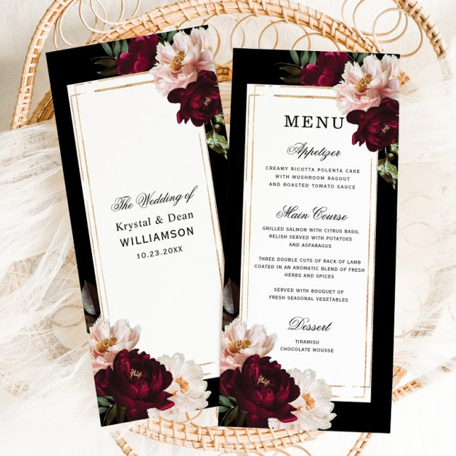 Dark Moody Burgundy Blush Floral Gold Wedding Menu (Creator Uploaded)