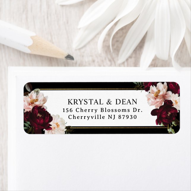 Dark Moody Burgundy Blush Floral Return Address Label (Insitu)