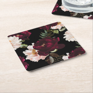 Dark Moody Burgundy Blush Floral Wedding Favour Square Paper Coaster