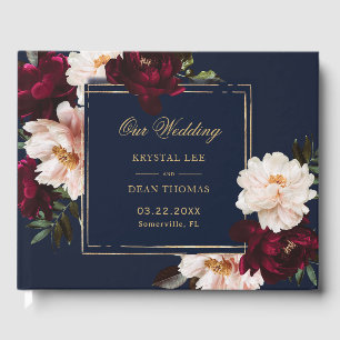 Dark Moody Burgundy Blush Navy Blue Floral Wedding Guest Book