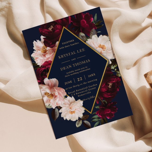 Dark Moody Burgundy Blush Navy Blue Floral Wedding Invitation (Creator Uploaded)